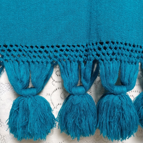 Vintage Handwoven Blanket Shawl Teal Blue Green Large Tassels 27" × 42" - Picture 5 of 7